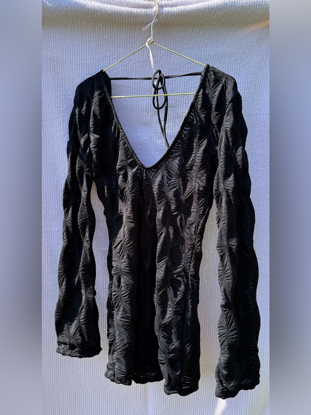Swim Coverup - Textured Black V-Neck Long Sleeve Dress